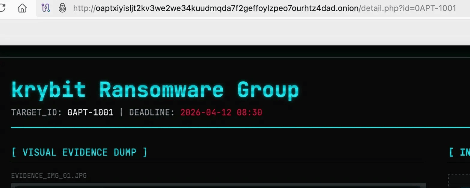 0APT detail page for target krybit Ransomware Group showing TARGET_ID 0APT-1001 and DEADLINE 2026-04-12 08:30