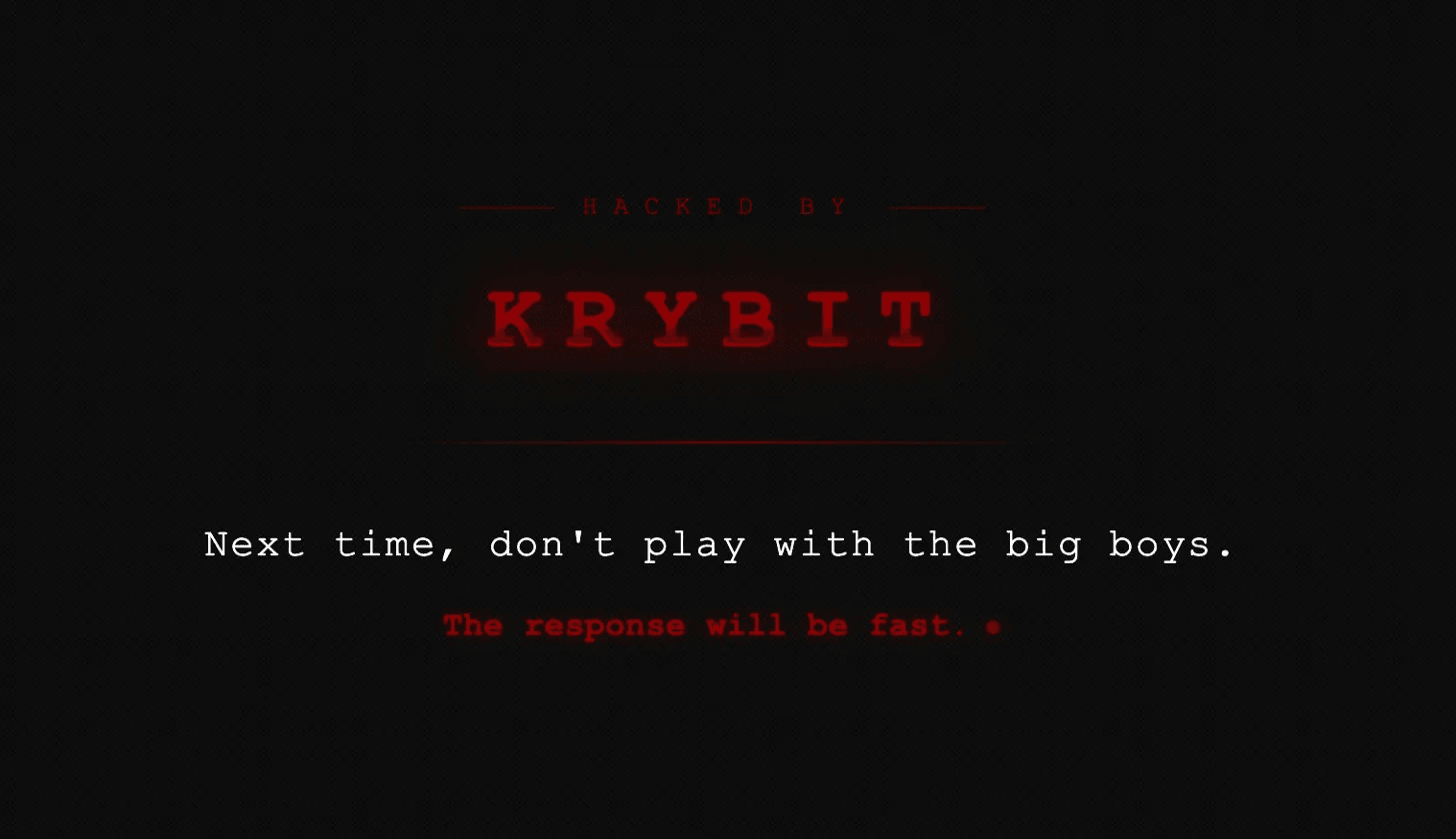 0APT site defacement by Krybit reading 'HACKED BY KRYBIT. Next time, don't play with the big boys.'