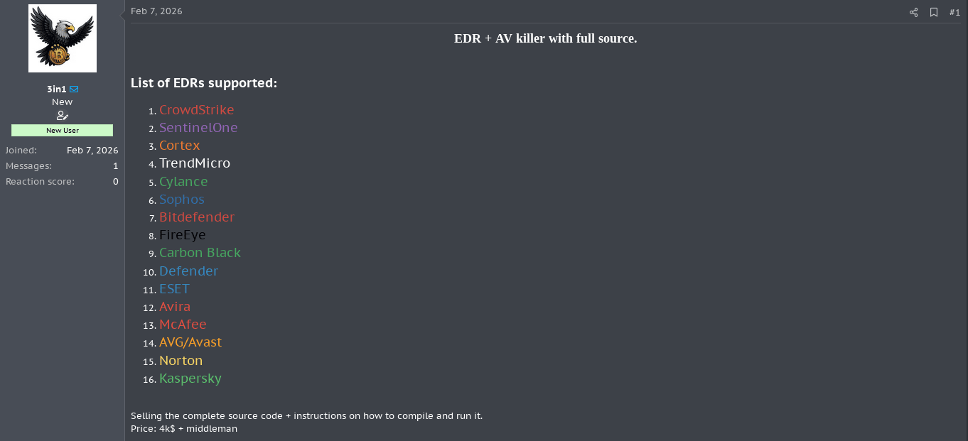 Forum screenshot showing the 3in1 EDR + AV Killer with Full Source Code listing
