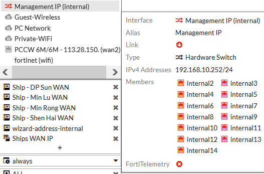 FortiGate interfaces page for a victim network