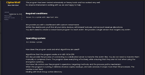 Dark web forum RaaS post