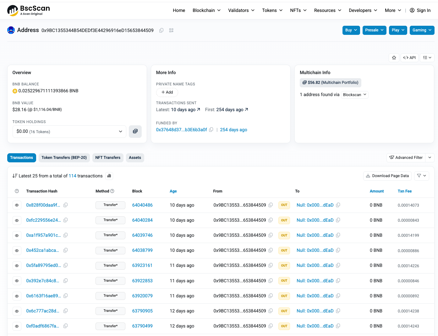 BSCScan showing 114 similar transactions from malicious wallet