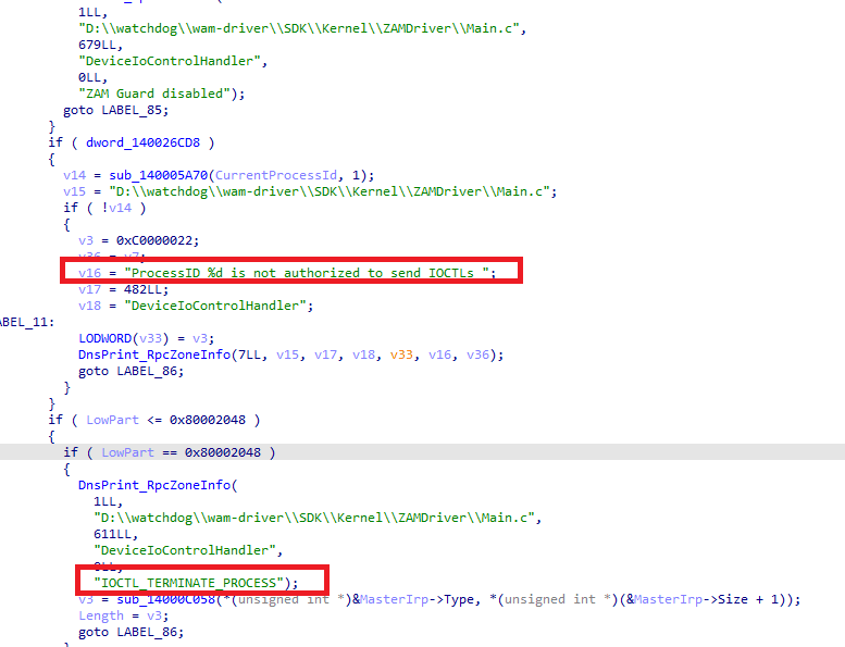 Reverse engineering screenshot showing the WatchDog driver terminate process handler
